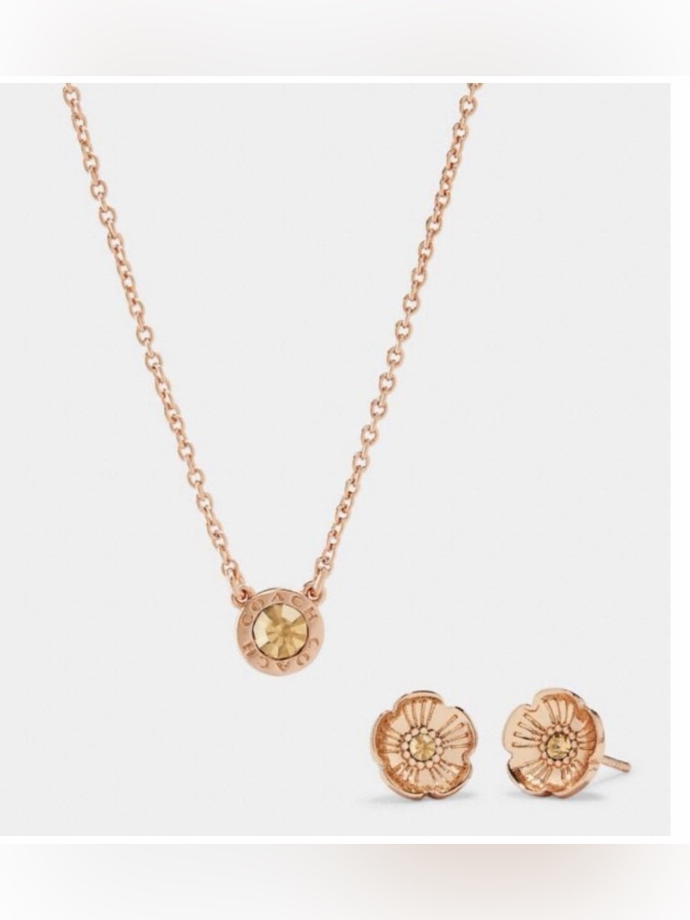 NEW Coach Open Circle Necklace And Tea Rose Stud Earrings Set Rose Gold Jewelry